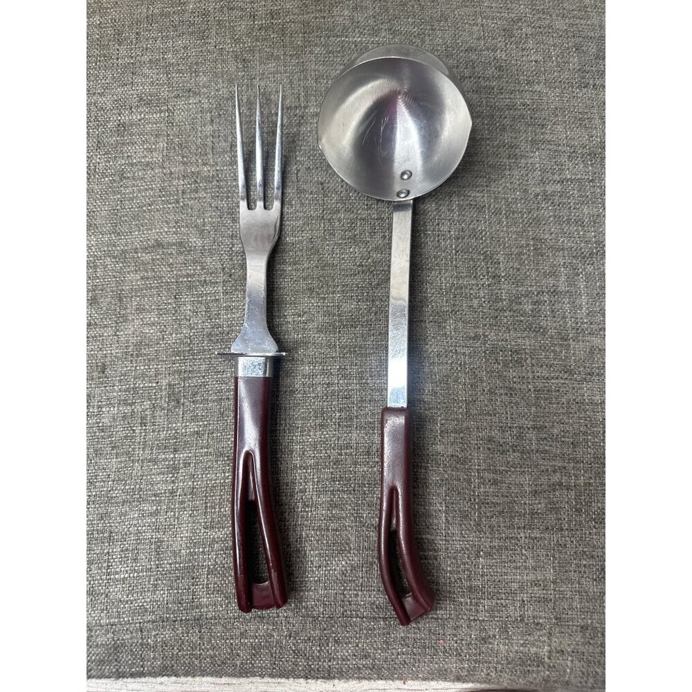 Vinntage Stanhome Stainless Steel Serving Fork & Ladle With Brown Handles